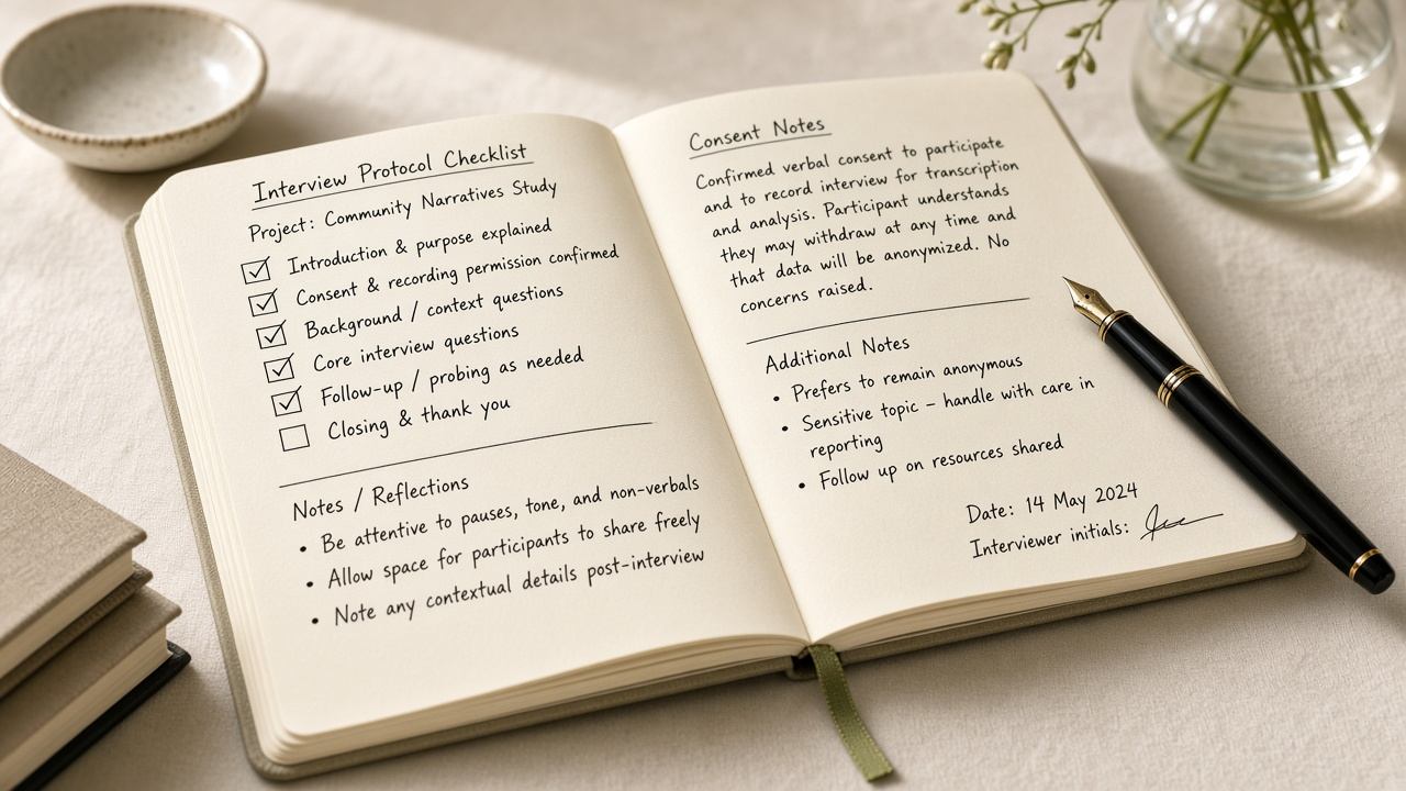 Researcher notebook with interview protocol and consent checklist