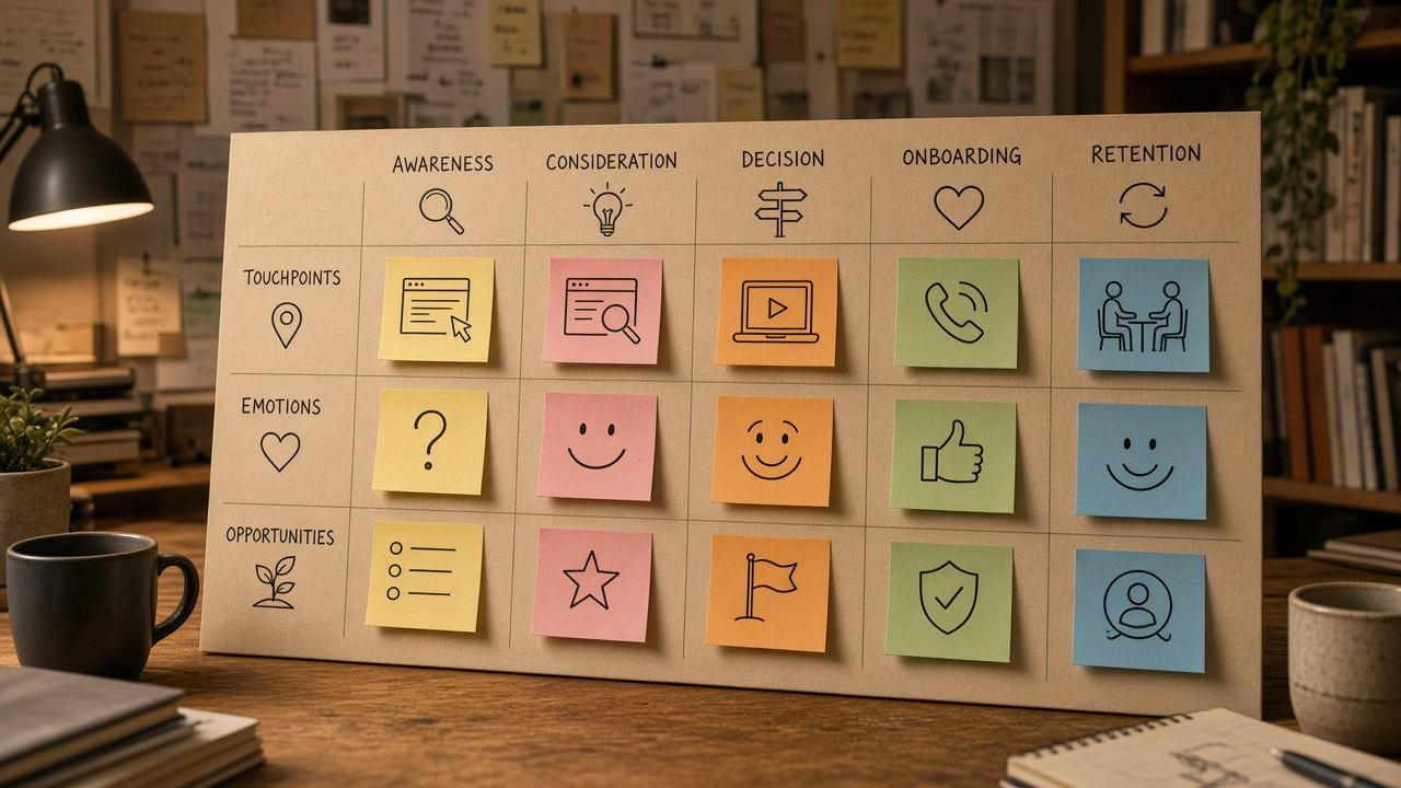 Wide view of a buyer journey map with touchpoint sticky notes